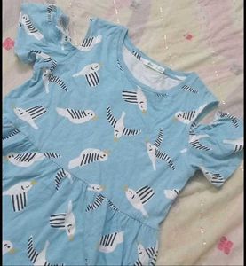 Cute Bird Print Cold Shoulder Dress
