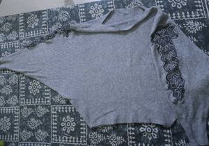 Grey Embroidered Sleeve Sweater top