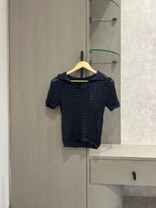 Navy Blue Crochet Polo Top