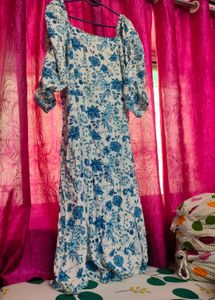 Chic Blue Floral Puff Sleeve Dress