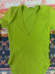 Lime Green V-Neck Long Sleeve Bodysuit