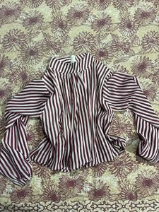 Maroon Striped Puff Sleeve Blouse