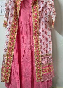 Pink Kurta Set with Printed Jacket