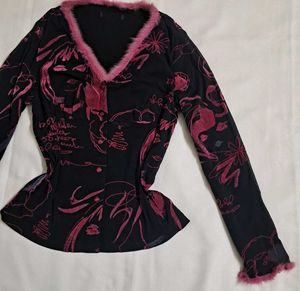 Y2k Vintage 2000s Hollywood Graphic Print Fur Top