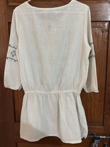 Off White Blue Embroidered Top Clinched At Waist