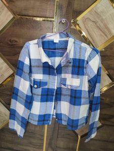 Korean Blue Plaid Cropped Shirt