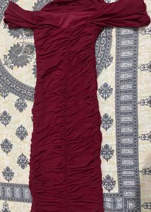 Styli Burgundy Bardot Bodycon Dress