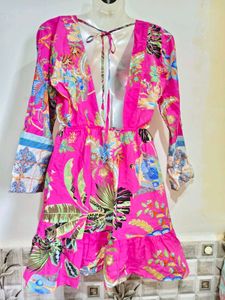 Vibrant Pink Floral Mini Dress Size S-M 32"-36"