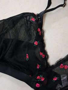 44DDD Black Embroidered Mesh Bra