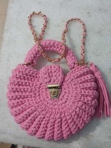 Pink Crochet Handbag with Chain Strap
