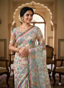 🆕New Net Floral Print Saree with Blouse