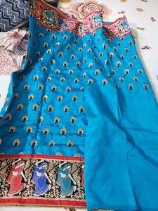 Blue Embroidered Saree with Dancing Figures