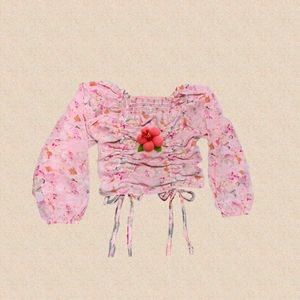 Pink Floral Ruched Crop Top🌸🌀