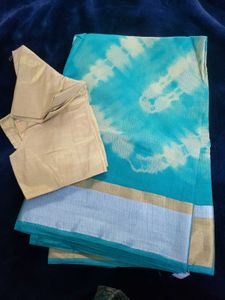 Blue Tie-Dye Cotton Saree with Blouse