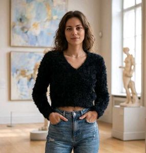 Black Fuzzy Cropped Button-Up Sweater
