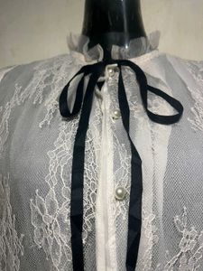Sheer Lace Blouse with Ribbon Tie