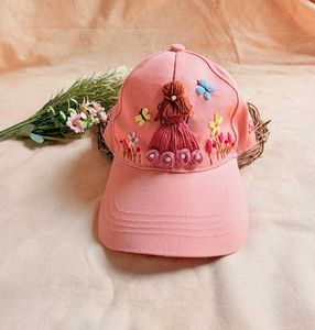 Hand-Embroidered Pink Cap with Doll Design