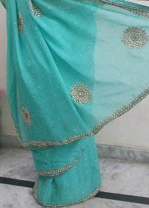 Aqua green Embellished Saree