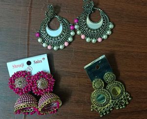 3 Pairs Jhumka Earrings and bracelet Set
