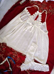 White Floral Night slip with sexy Thong