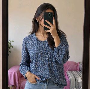 Blue Floral Long Sleeve Top