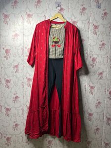 Elegant Red Embroidered Long Shrug with Kurta
