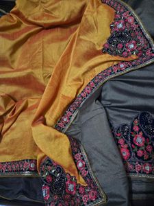 Embroidered yellow and charcoal Silk Saree