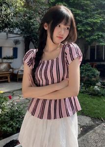 Cute Pink Striped Puff Sleeve Top