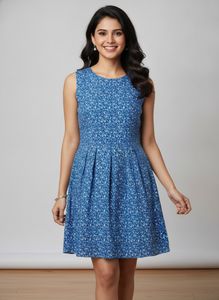 Chic Blue Floral A-Line Dress