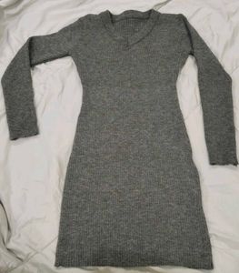 Grey Ribbed V-Neck Sweater Dress