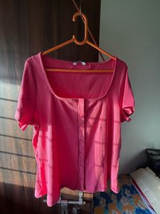 Pink Ribbed Square Neck Button-Up Top