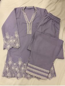 Lilac Kurta Set with White Lace Detail