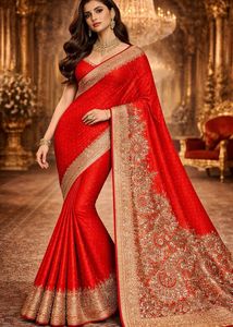 Stunning Red Embroidered Silk Saree  unstitche