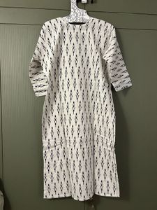 White Kurta with Black Ikat Print