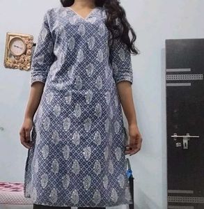 Blue white straight cotton kurta xl