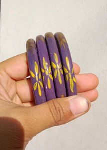 Set of 4 Purple Bangles with Yellow Floral Design
