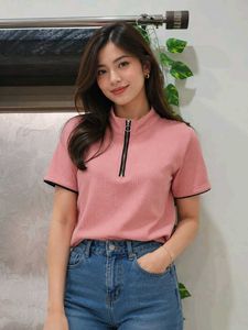 Pink Zip Neck Ribbed Top