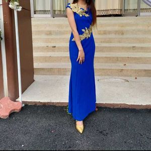 Elegant Blue & Gold Occasion Dress