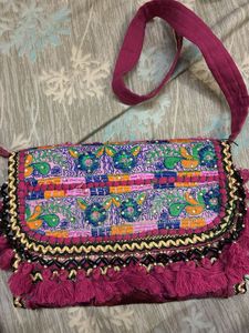 Boho Embroidered Sling Bag with Tassels