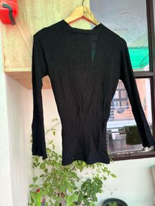 Black Ribbed Long Sleeve Wrap Top