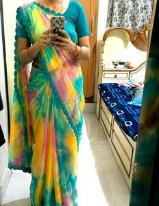 Vibrant Tie-Dye Saree with Embellished Border