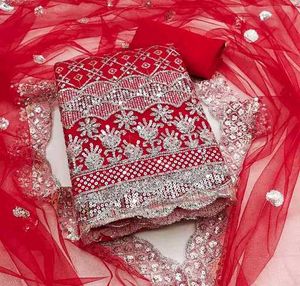 Red dress material with embroidery work
