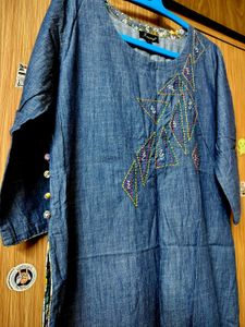 Blue Denim Style Kurta with Embroidery