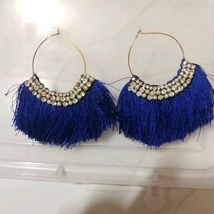 Blue Tassel Hoop Earrings