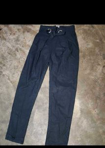 Stylish Navy Blue Paperbag Waist Pants