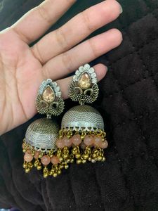 Elegant Jhumka Earrings with Peach Beads