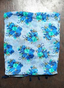 Blue Printed Chiffon Scarf With Tassels