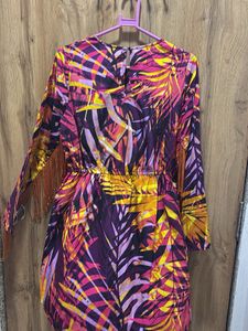 Vibrant Tropical Print Dress with Fringe