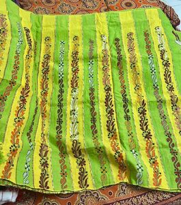 Vibrant Lemon Green Kantha Stitch Saree