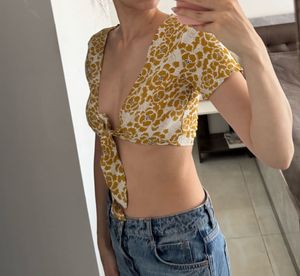 HWW Floral Tie-Front Crop Top, XS